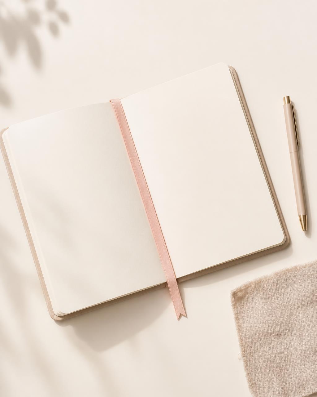 Open cream planner with blush ribbon marker and pen on a beige surface