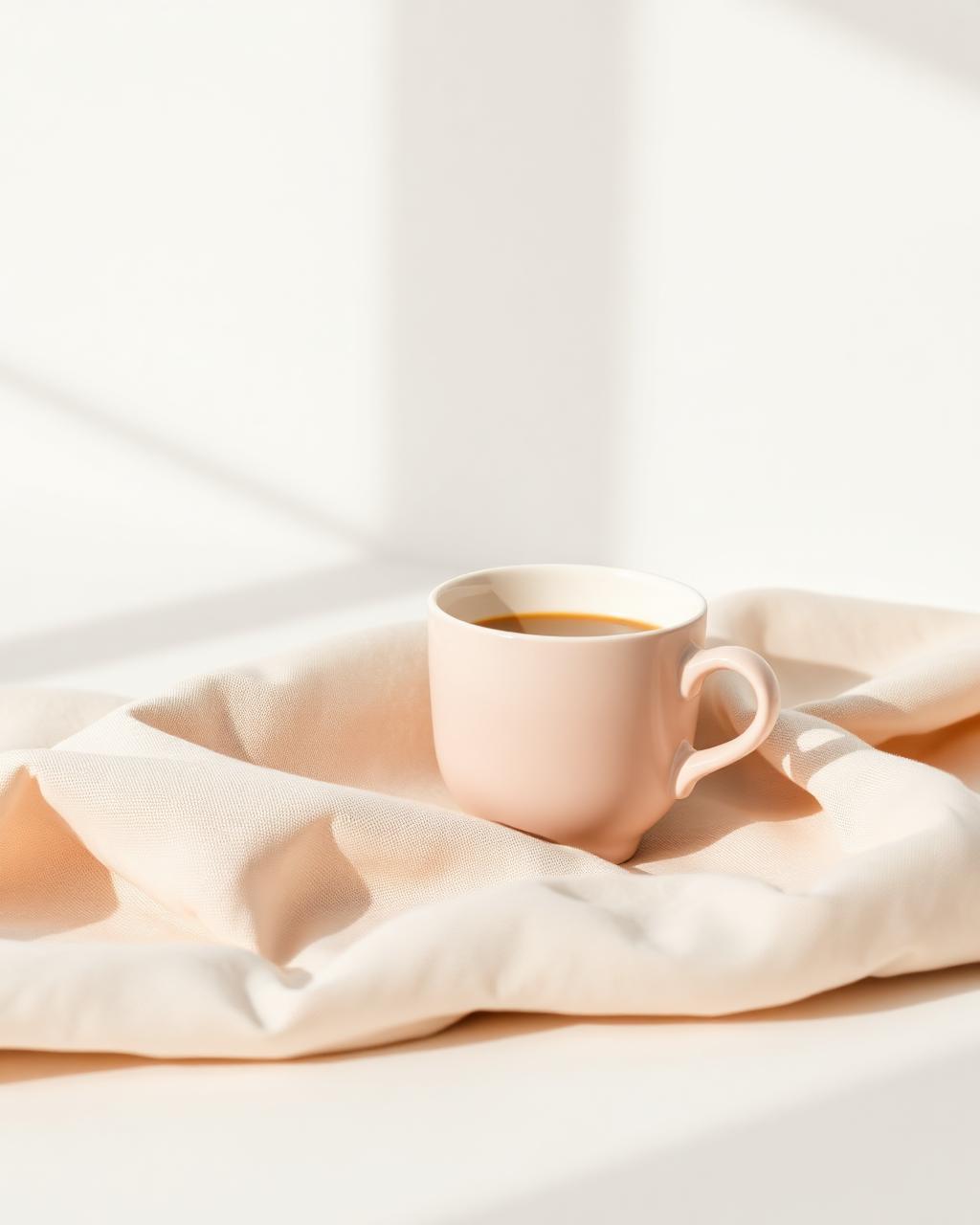 Blush ceramic coffee cup on linen in soft daylight