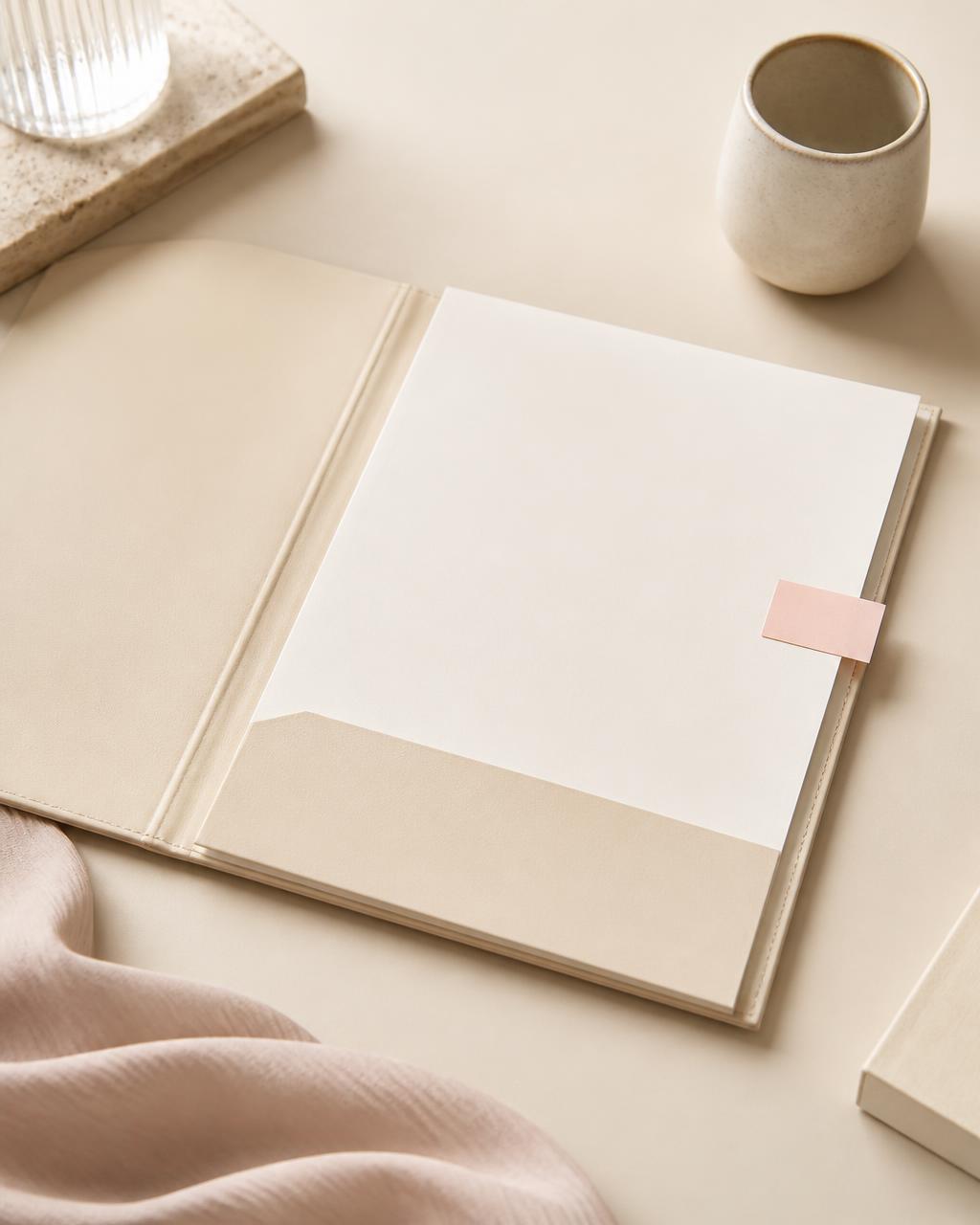 Cream consultancy folder with blush tab and ceramic cup on a beige desk